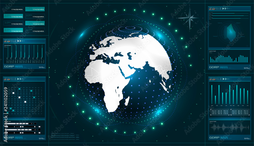 Aufkleber ui interface, earth globe, control center, command, game, vector with graphs