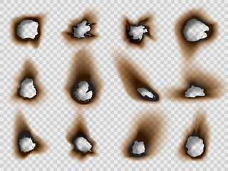 Burned holes in a paper, realistic style set