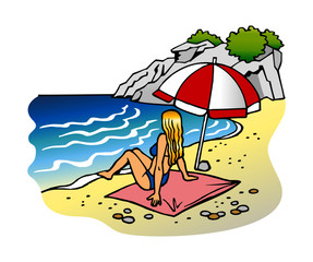 Croatia sea and beach and woman with parasol clipart