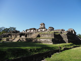 Stony ruins of royal palace of Pakal the great at ancient mayan National Park of Palenque city in...