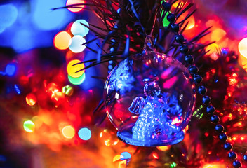 Christmas tree with toy angel Christmas background