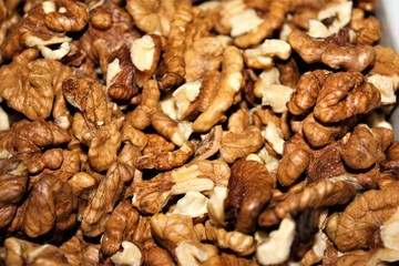 Ripe and peeled walnut kernels. Close-up.