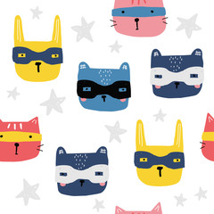 Seamless pattern with animals superheroes. Cute kids print. Vector hand drawn illustration.