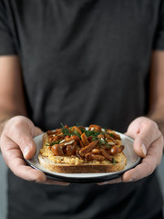 Hands takes plate with vegan sandwich. Healthy appetiezer - whole wheat bread toast with chickpea hummus and honey fungus mushrooms. Vertical