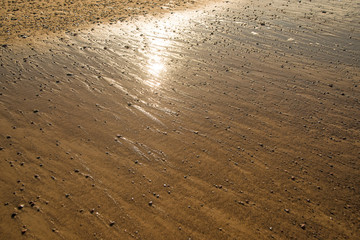 sandy beach with shallow surf and sun rays