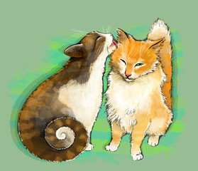 Cat licks a cat on a green background