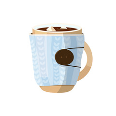 Cute mug illustration. Cacao, knitted cover, marshmallow. Drinking concept. Vector illustration can be used for topics like cafe, cooking, drinking, kitchen 