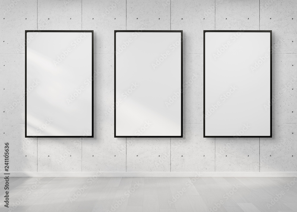 Poster Three frames hanging on a wall mockup 3d rendering