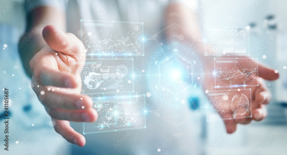 Aufkleber Businessman using digital screens interface with holograms datas 3D rendering