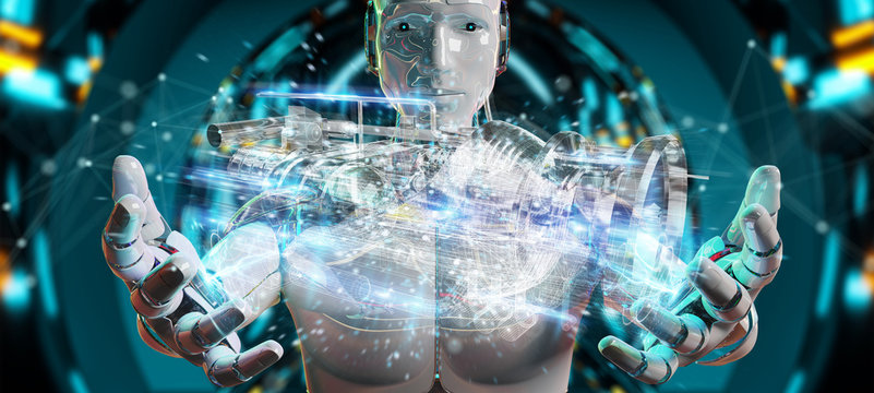 Cyborg using wireframe holographic 3D digital projection of an engine