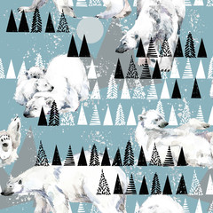 Fototapety  zima bezszwowe tło. biały niedźwiedź. Arktyczny wzór. Akwarela ilustracja polarna natura. Dzika przyroda północy. dzikie zwierze.