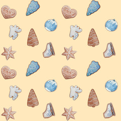 seamless pattern with watercolor christmas ginger cookies