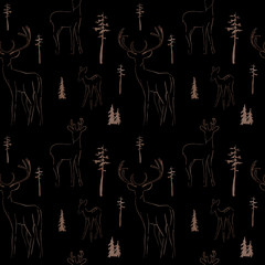 Winter seamless pattern with deer in forest