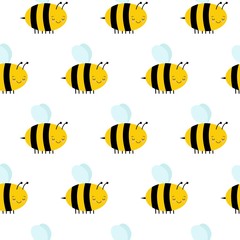 Seamless Pattern with Flying Bees on a White Background