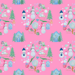 seamless pattern with winter houses and snowmen with colored pencils