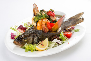 Carp with salad and seafood. On a white background
