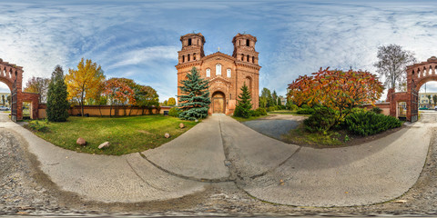 VITEBSK, BELARUS - OCTOBER 2018: full seamless panorama 360 angle view near red brick catholic church. Spherical 360 panorama  in equirectangular projection. ready for VR AR content