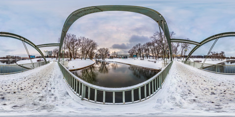 full seamless spherical winter panorama 360 degrees angle view near iron steel frame construction...
