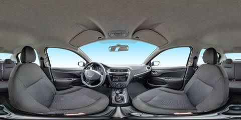full seamless panorama 360 degrees angle view in interior fabric salon of prestige modern car. 360...