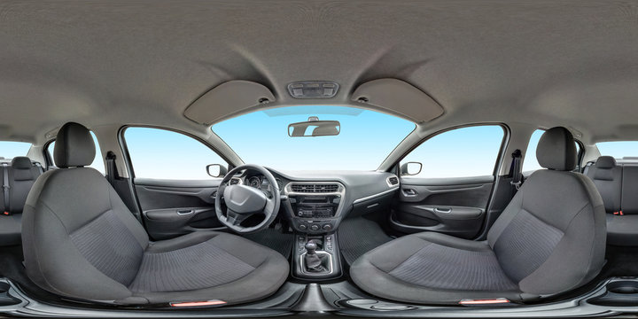 full seamless panorama 360 degrees angle view in interior fabric salon of prestige modern car. 360 panorama in equirectangular equidistant panorama. for vr ar content