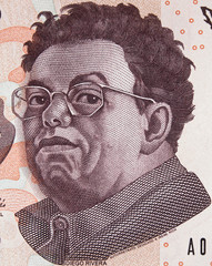 Diego Rivera portrait on Mexico 500 peso bill. Prominent Mexican painter, husband of Frida Kahlo.