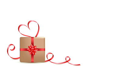 Gift box and red calligraphy stripe. Valentines day greeting card design, 3d style on white background. Isolated objects. Mother day gift banner for festive decoration design.