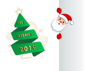 Santa Claus welcome with big signboard. Santa Frost holding empty sign. Place for text. Xmas greeting card, Christmas invitation, advertisement banner. White background.  paper cut Vector illustration