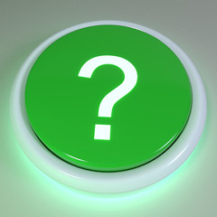 Green push button, punctuation question mark displayed on button - unknown outcome concept, assistance icon, asking for help, indecisive, indecision concept, selection, 3D Rendering Illustration