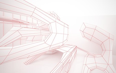 Abstract drawing white interior multilevel public space with window. 3D illustration and rendering.
