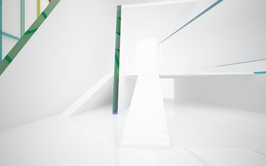 Abstract white and colored gradient glasses interior multilevel public space with window. 3D illustration and rendering.