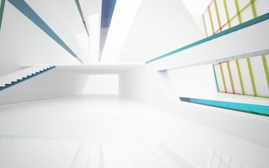 Obraz premium Abstract white and colored gradient glasses interior multilevel public space with window. 3D illustration and rendering.
