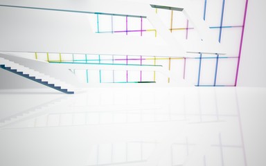 Abstract white and colored gradient glasses interior multilevel public space with window. 3D illustration and rendering.