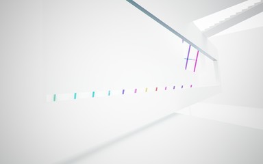 Abstract white and colored gradient glasses interior multilevel public space with window. 3D illustration and rendering.