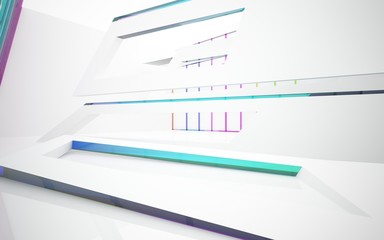 Abstract white and colored gradient glasses interior multilevel public space with window. 3D illustration and rendering.