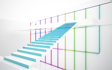 Abstract white and colored gradient glasses interior multilevel public space with window. 3D illustration and rendering.