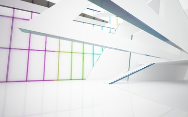 Abstract white and colored gradient glasses interior multilevel public space with window. 3D illustration and rendering.