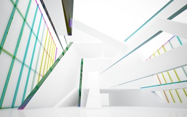 Abstract white and colored gradient glasses interior multilevel public space with window. 3D illustration and rendering.