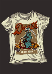 Original vector print. Skeleton with a scythe riding a scooter. T-shirt design.