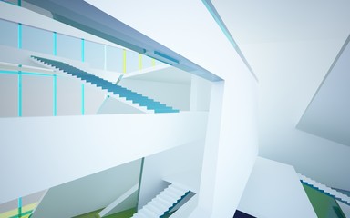 Fototapeta premium Abstract white and colored gradient glasses interior multilevel public space with window. 3D illustration and rendering.