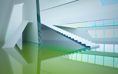 Obraz premium Abstract white and colored gradient glasses interior multilevel public space with window. 3D illustration and rendering.