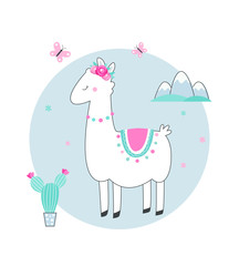 White Llama or Alpaca with Cacti, Flowers and Mountains Vector Illustration