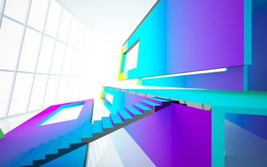 Abstract white and colored gradient  interior multilevel public space with window. 3D illustration and rendering.