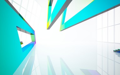 Abstract white and colored gradient  interior multilevel public space with window. 3D illustration and rendering.