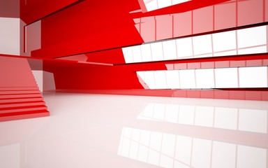Abstract white and red gloss interior multilevel public space with window. 3D illustration and rendering.
