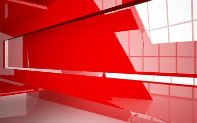 Abstract white and red gloss interior multilevel public space with window. 3D illustration and rendering.