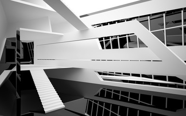 Abstract white and black interior multilevel public space with window. 3D illustration and rendering.