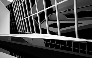 Abstract white and black interior multilevel public space with window. 3D illustration and rendering.