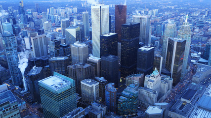Aerial of Toronto, Canada core at dark