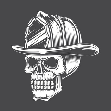 Black and white skull in a fireman hat against a dark background. Vector illustration.