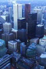 Fototapeta premium Vertical aerial of Toronto cityscape at twilight